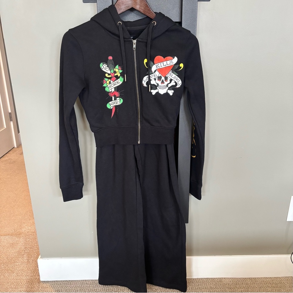 Ed Hardy Love Kills Slowly Matching Set Hoodie & Sweatpants Y2K Black Size S - Picture 3 of 11